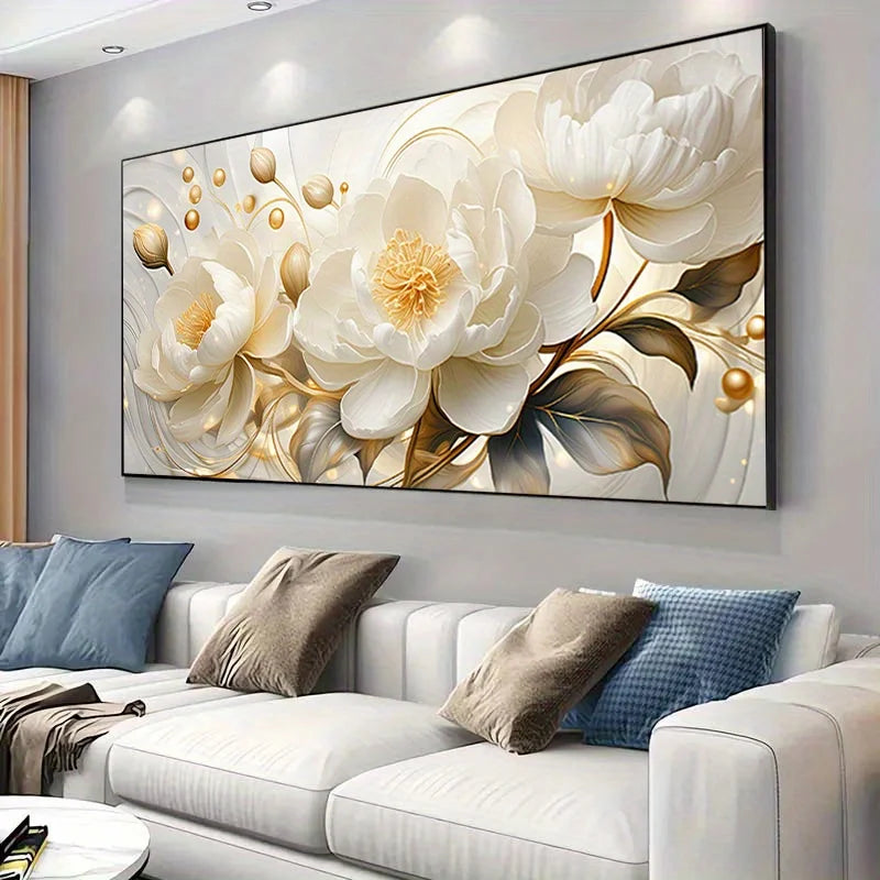 Elegant Style Large Frameless White Floral Canvas Wall Art Modern Decor for Living Room & Bedroom, Perfect for Home Aesthetic Peaceful Pleasures Health and Wellness