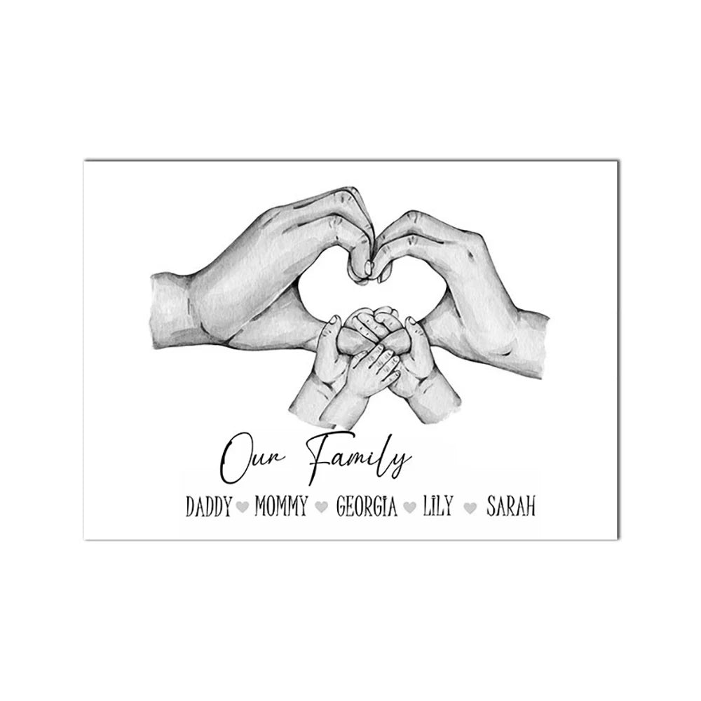 Custom Family Hands Canvas Wall Art – Black & White Print
