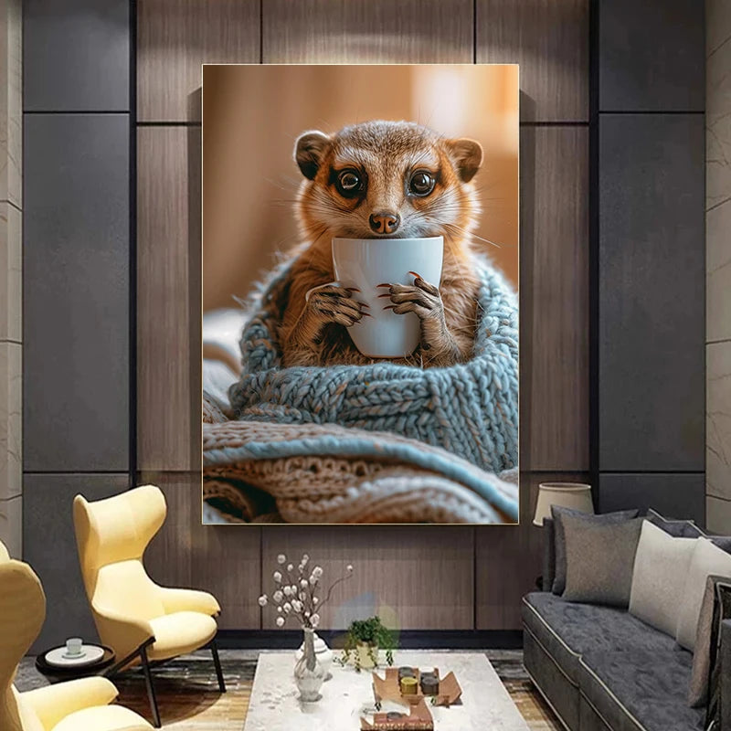 Funny Meerkat Canvas Wall Art | Cozy Animal Coffee Lover Print