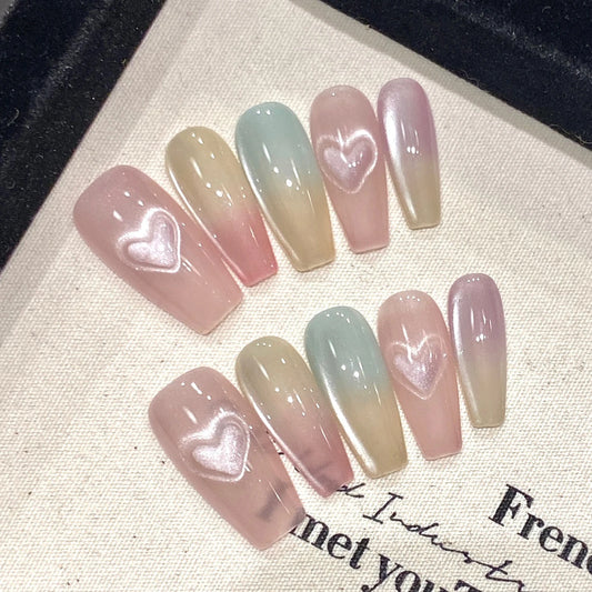 Sweet Pink Heart Cat Eye Press On Nails | Coffin Ballet Shape Press On Nails Peaceful Pleasures Health and Wellness