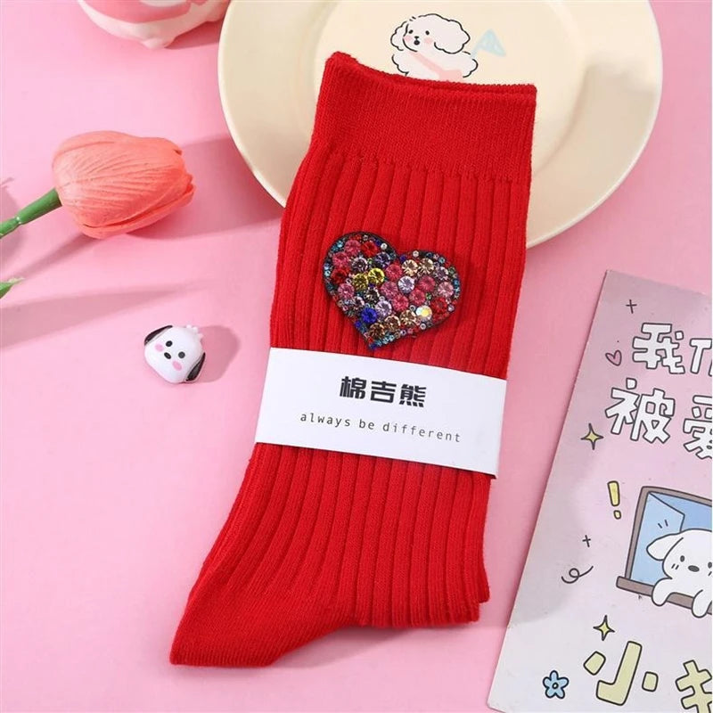 Diamond Heart-Shaped Decorative Socks, Fashionable Diamond Sparkling Women's Socks, Comfortable And Breathable Christmas Socks Peaceful Pleasures Health and Wellness Red One Size