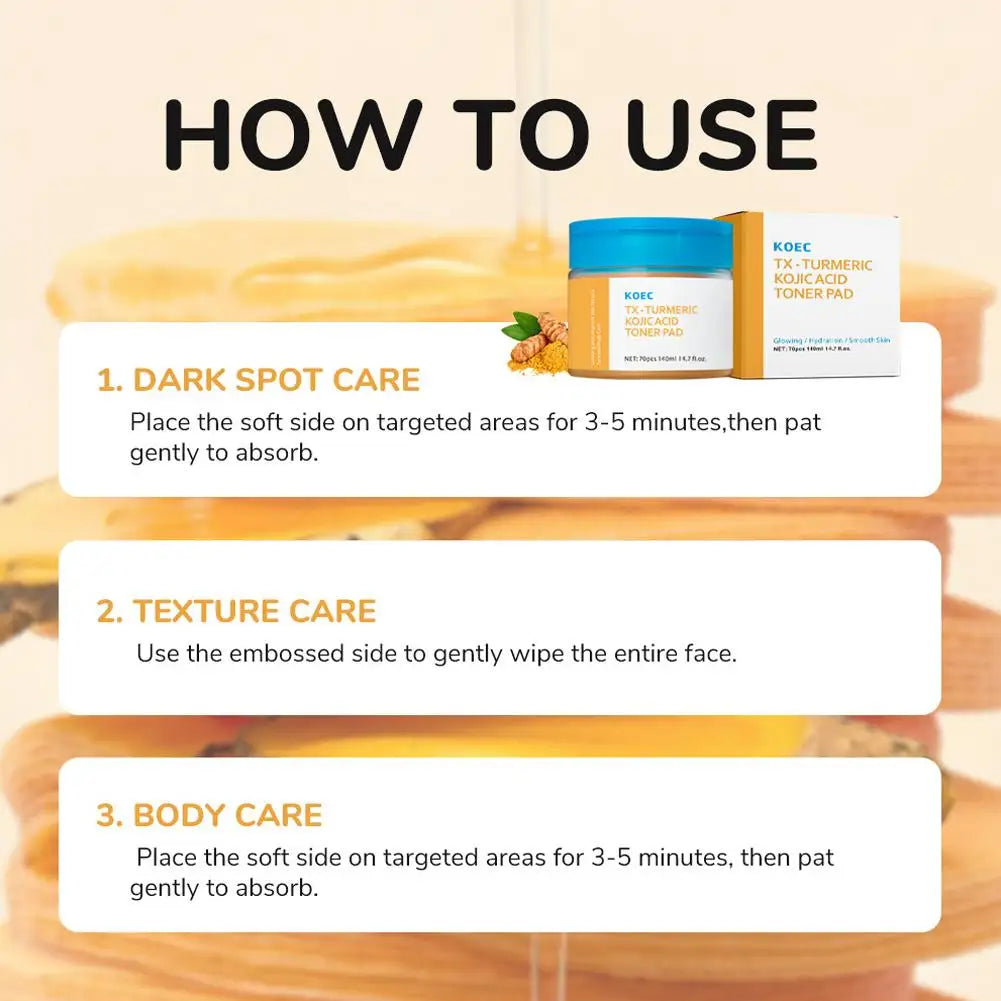 140ml 70pcs TX-Turmeric Kojic Acid Toner Cleansing Pad Smoothing Nourishing Improve Skin Texture Enhance Overall Tone Face Care Peaceful Pleasures Health and Wellness