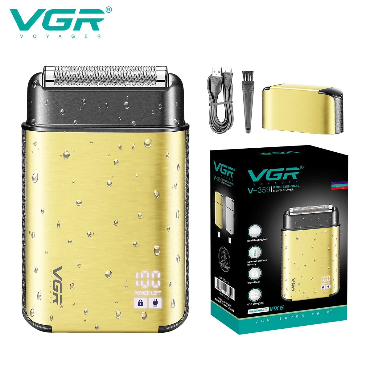 VGR Men's Personal Shaver Household Convenient Shaver Reciprocating Blade Washable Metal Body Intelligent Digital Shaver V-359 Peaceful Pleasures Health and Wellness USB