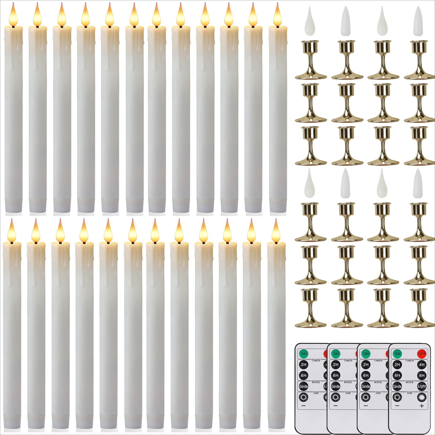 Flameless Candles with Remote Timer Battery Operated LED Flickering Taper Candle for Christmas Decor with 6 Pack Gold Holder Peaceful Pleasures Health and Wellness 24pc white