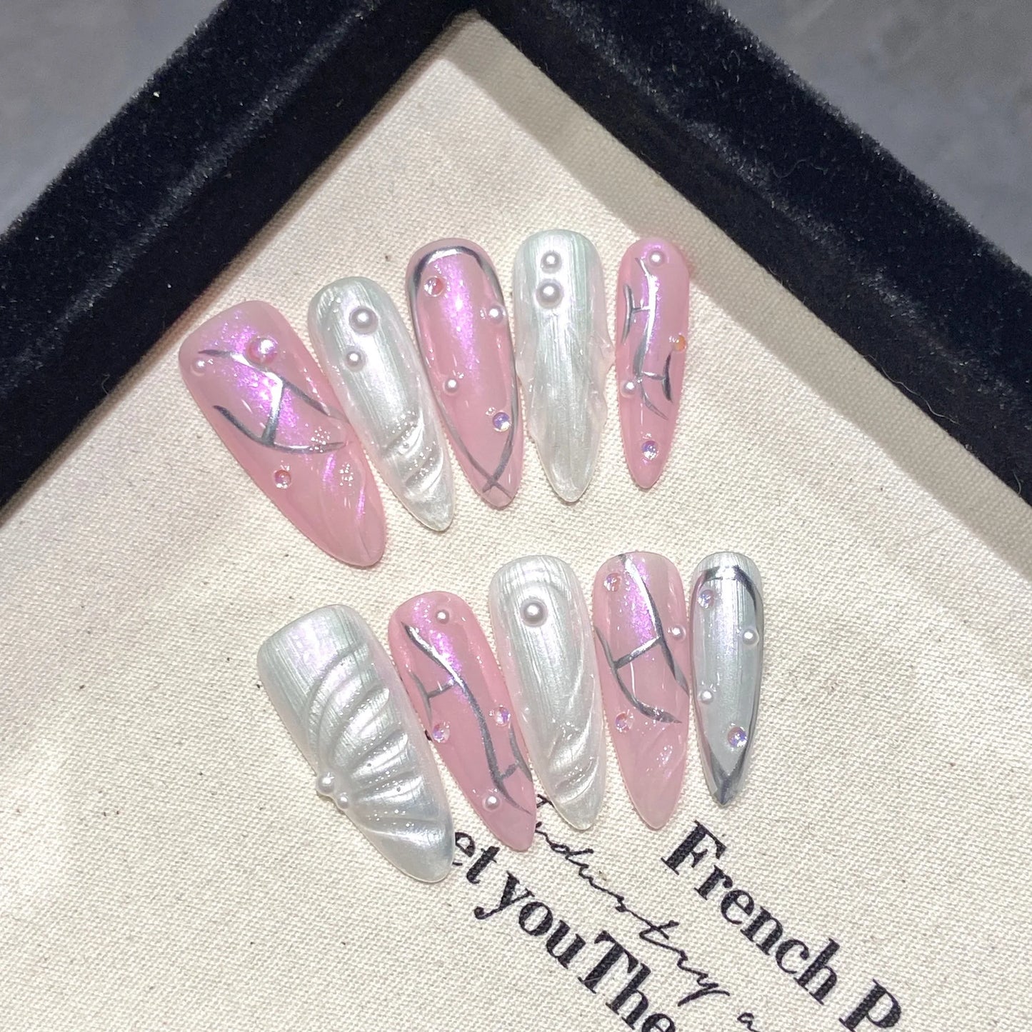 Handmade Press on Nails Blue Aurora Mermaid Fake Nail Patches Wearable Detachable French Pearl Almond False Nail Tips 10pcs Peaceful Pleasures Health and Wellness M 3