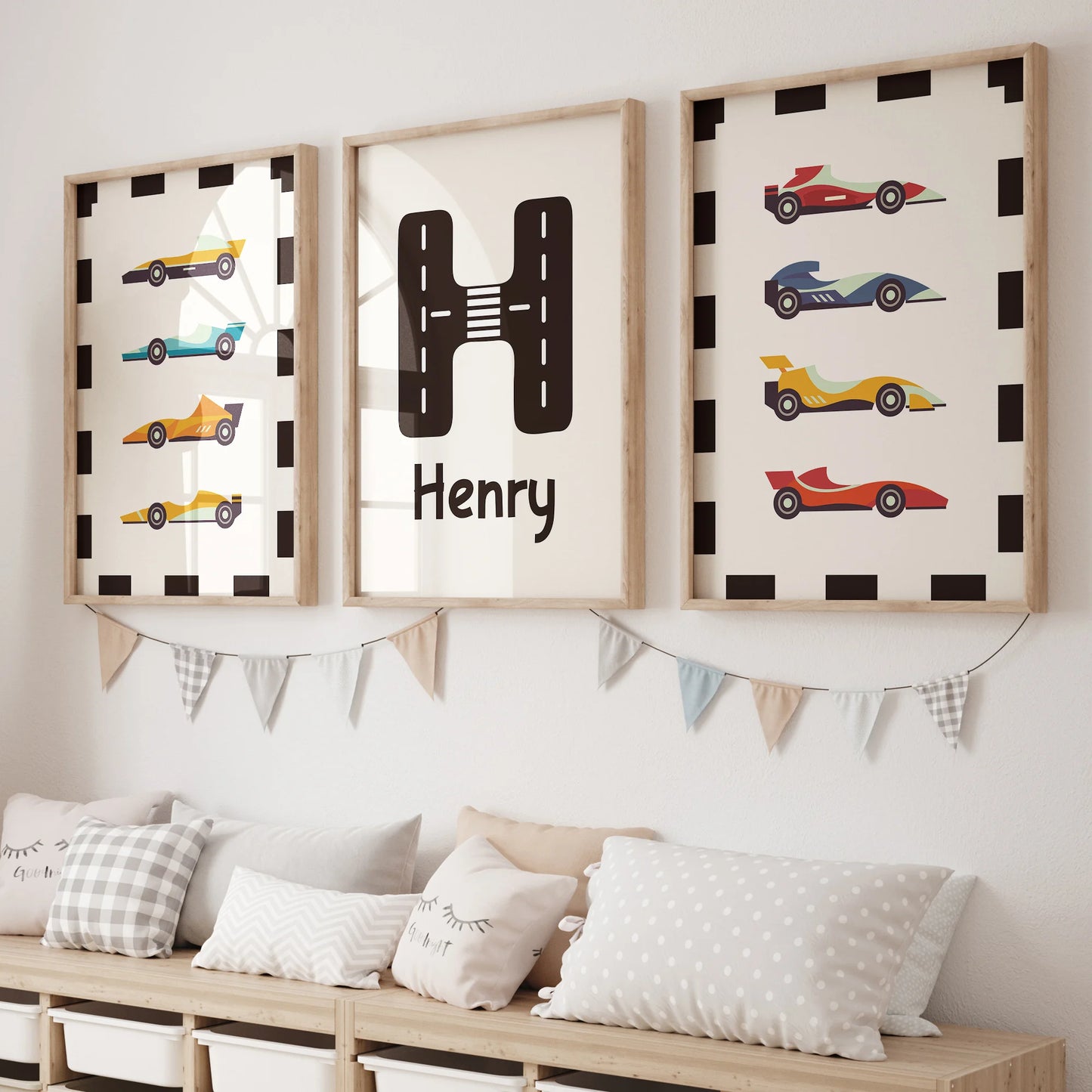 Personalized Cartoon Racing Canvas Wall Art 3-Piece Kids Room