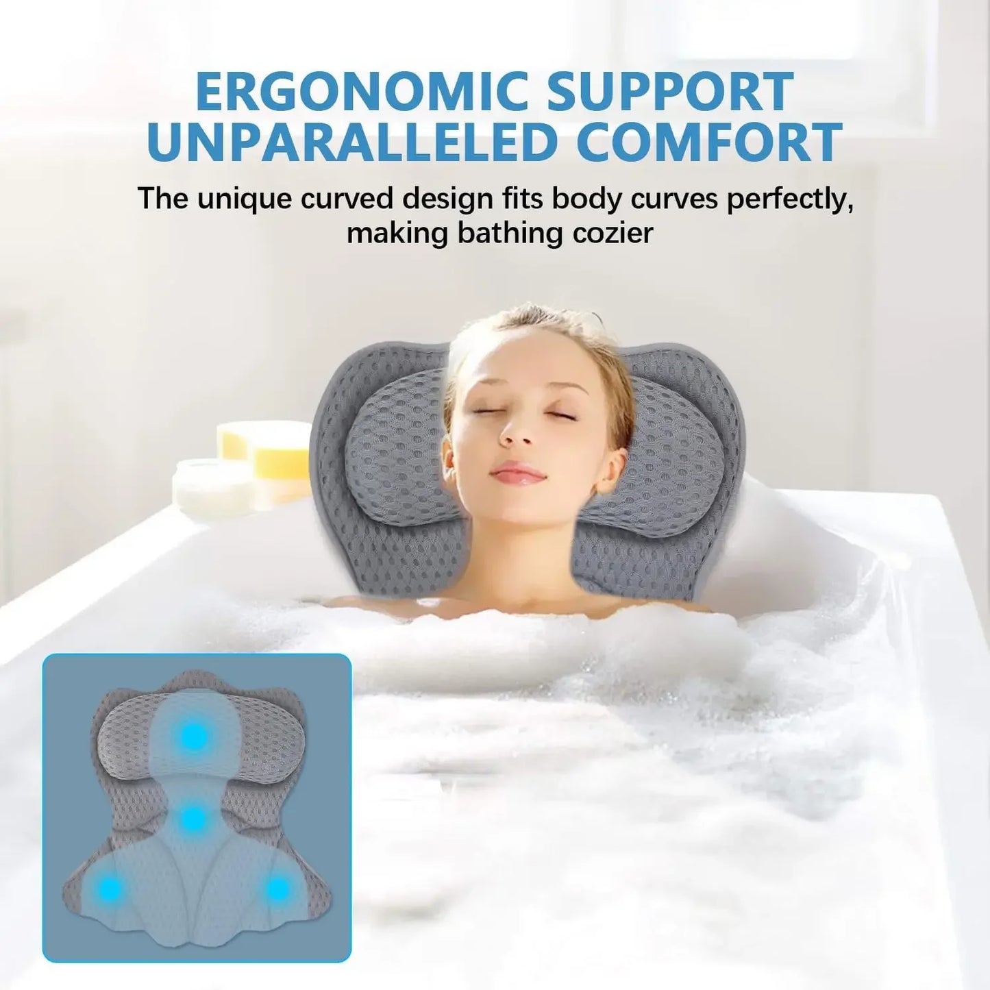 Luxury Bathtub Pillow – 6 Suction Cups, 4D Mesh Fabric, Grey Bath Accessories Peaceful Pleasures Health and Wellness
