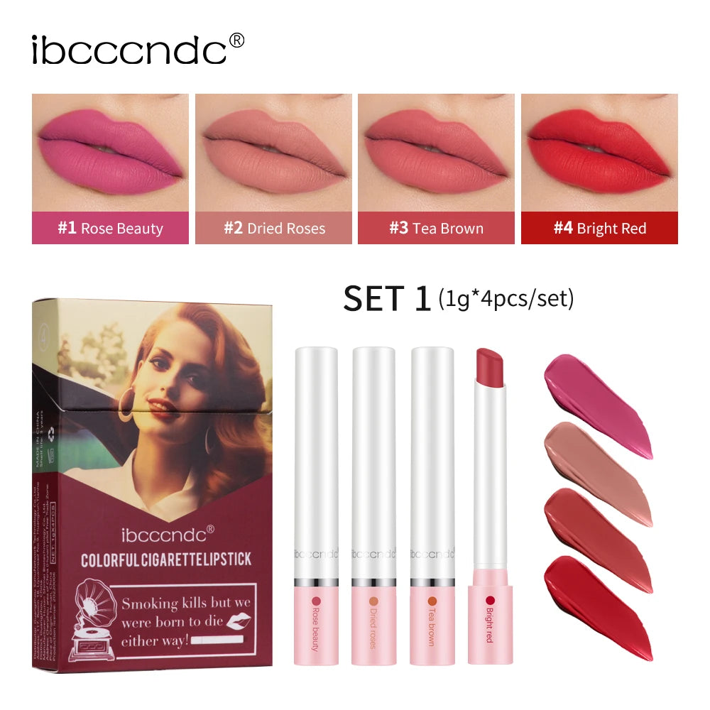 4PCS/Set Matte Long Lasting Waterproof Creative Cigarette Lipstick Set Matt Lip Stick Tube Nude Red Velvet Lip Tint Makeup Peaceful Pleasures Health and Wellness Set 1