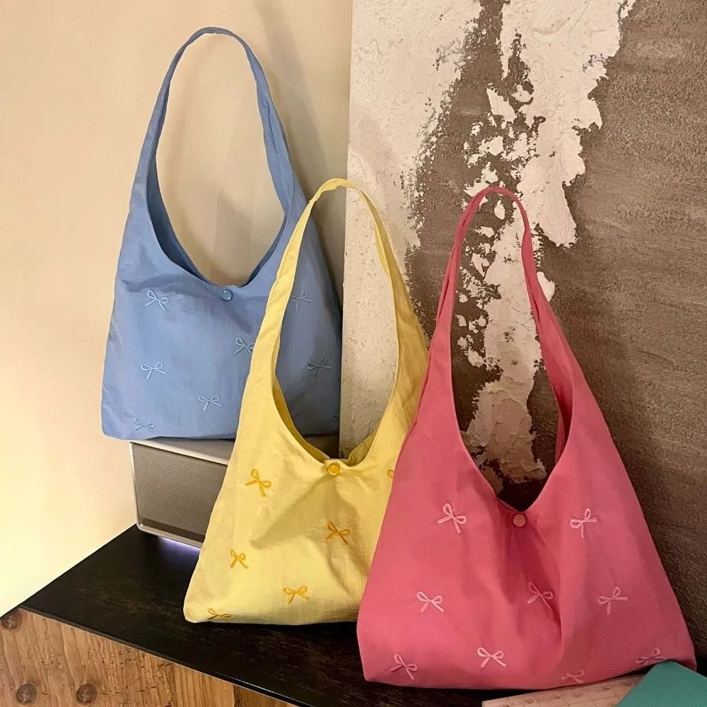 Bowknot Embroidered Canvas Tote Bag | Large Shoulder Handbag Canvas Tote Bag Peaceful Pleasures Health and Wellness
