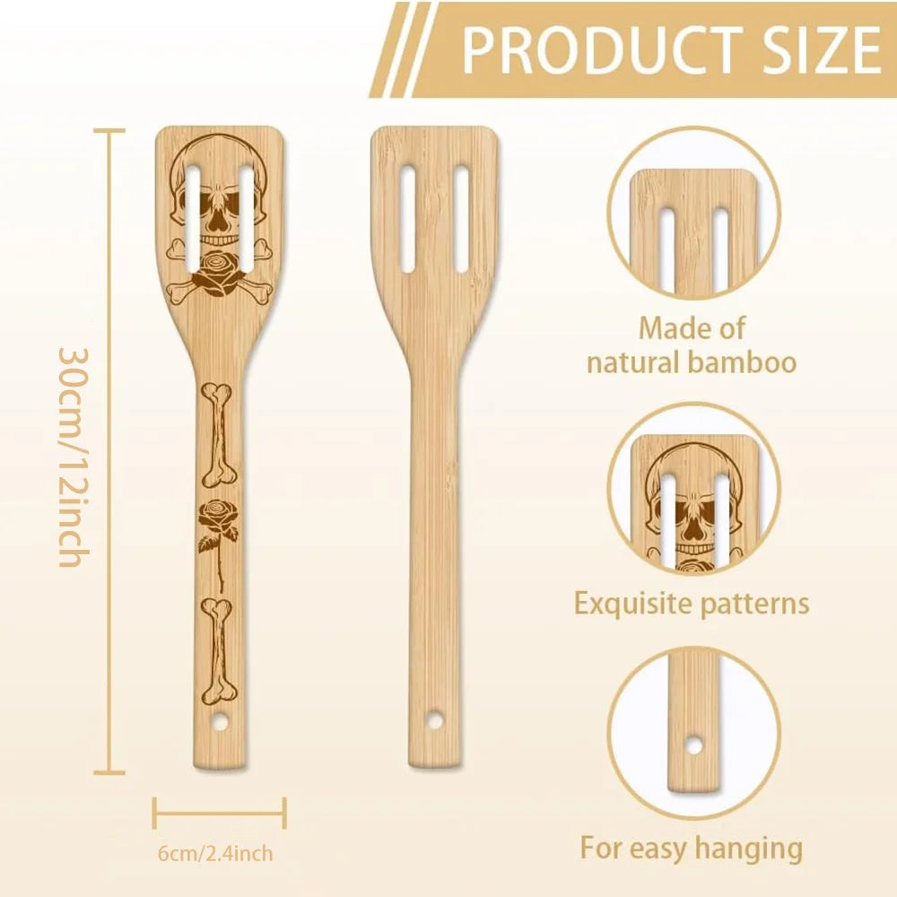 Skeleton Bamboo Cooking Utensils | Gothic Engraved 6-Piece Set Kitchen Utensil Set Peaceful Pleasures Health and Wellness