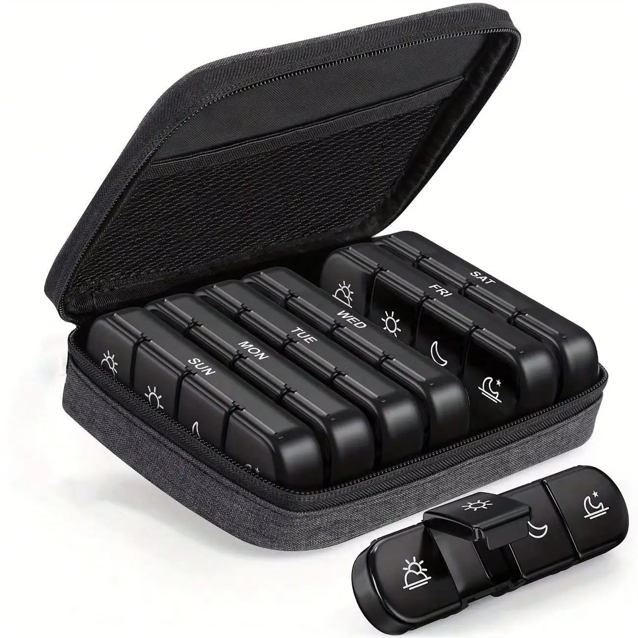 Weekly Pill Organizer 4 Times a Day with a Business Stylish Bag, Portable Pill Box 7 Day with 28 Compartments for Men Peaceful Pleasures Health and Wellness black