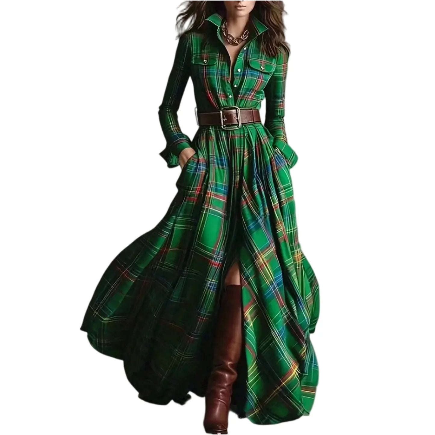 Retro Plaid Maxi Shirt Dress – Long Sleeve, Belt & Pockets