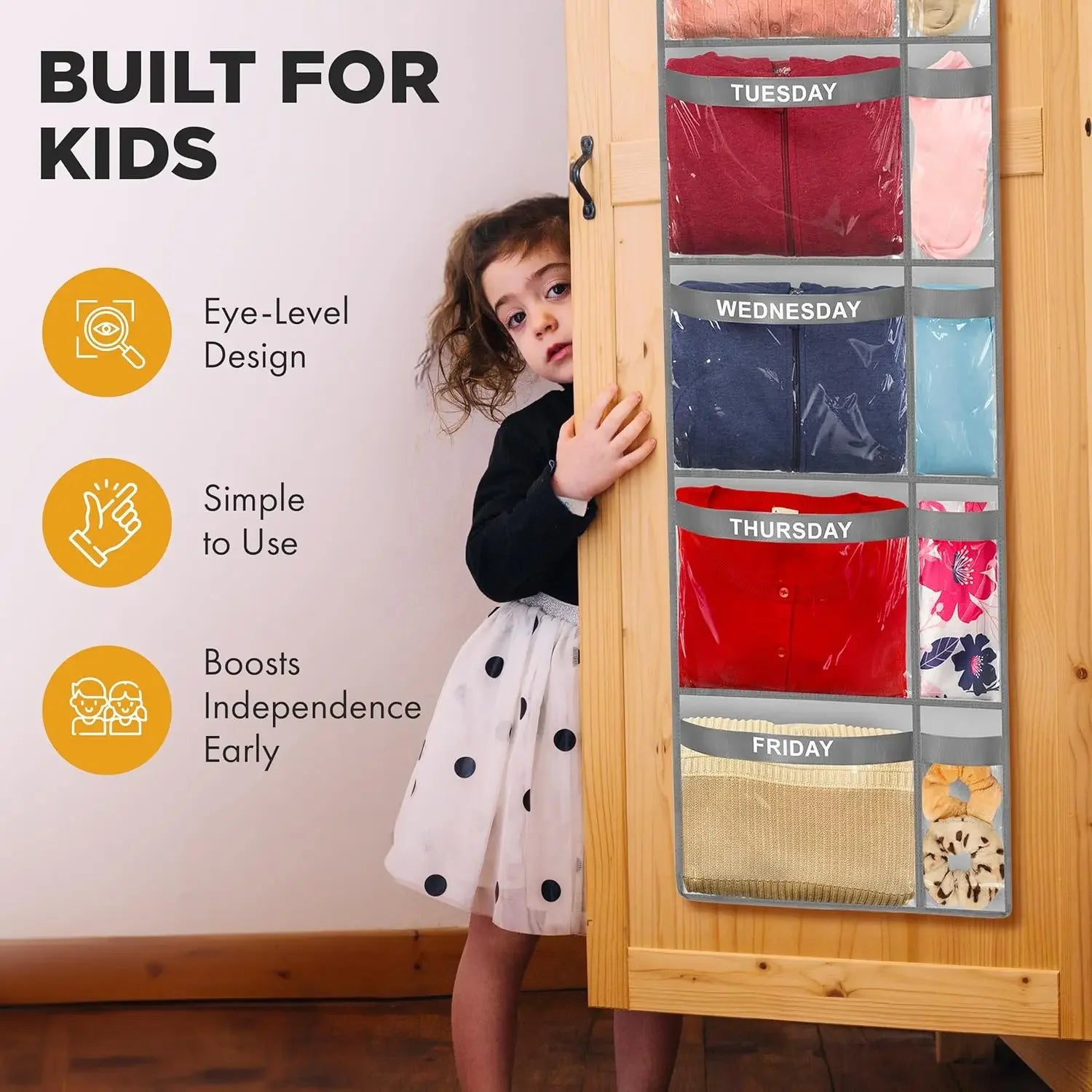 5-Shelf Weekly Clothes Organizer with Day Labels - Space-Saving Hanging Storage for Kids (Grey) Peaceful Pleasures Health and Wellness