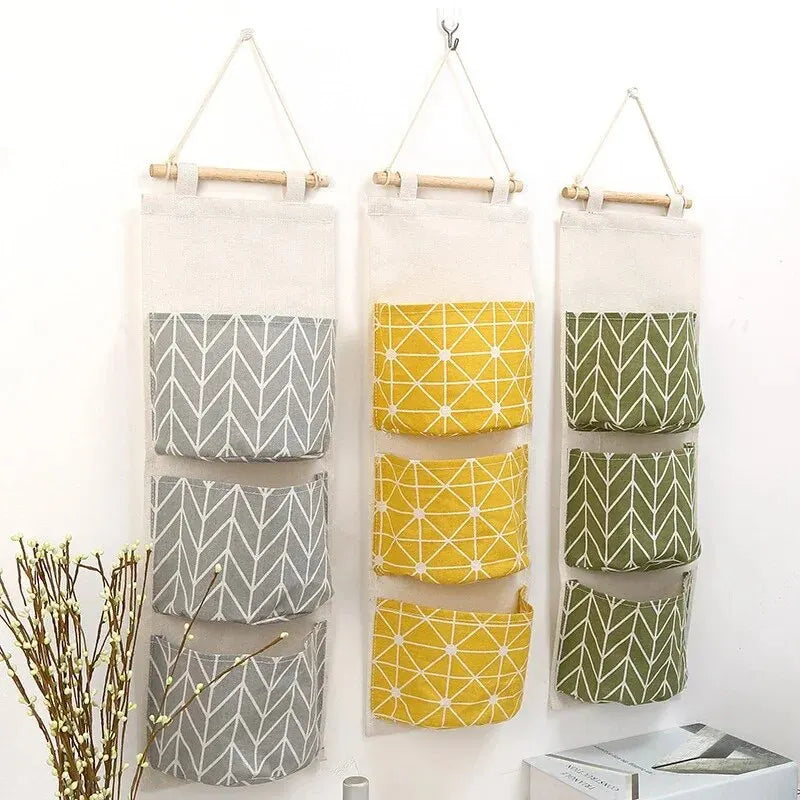 Cotton Linen Wall Hanging Storage Bag – 3-Pocket Organizer