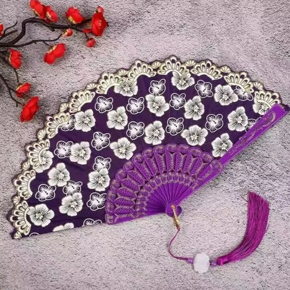 Chinese Folding Fan – Flower Pattern Hanfu Fan with Tassel
