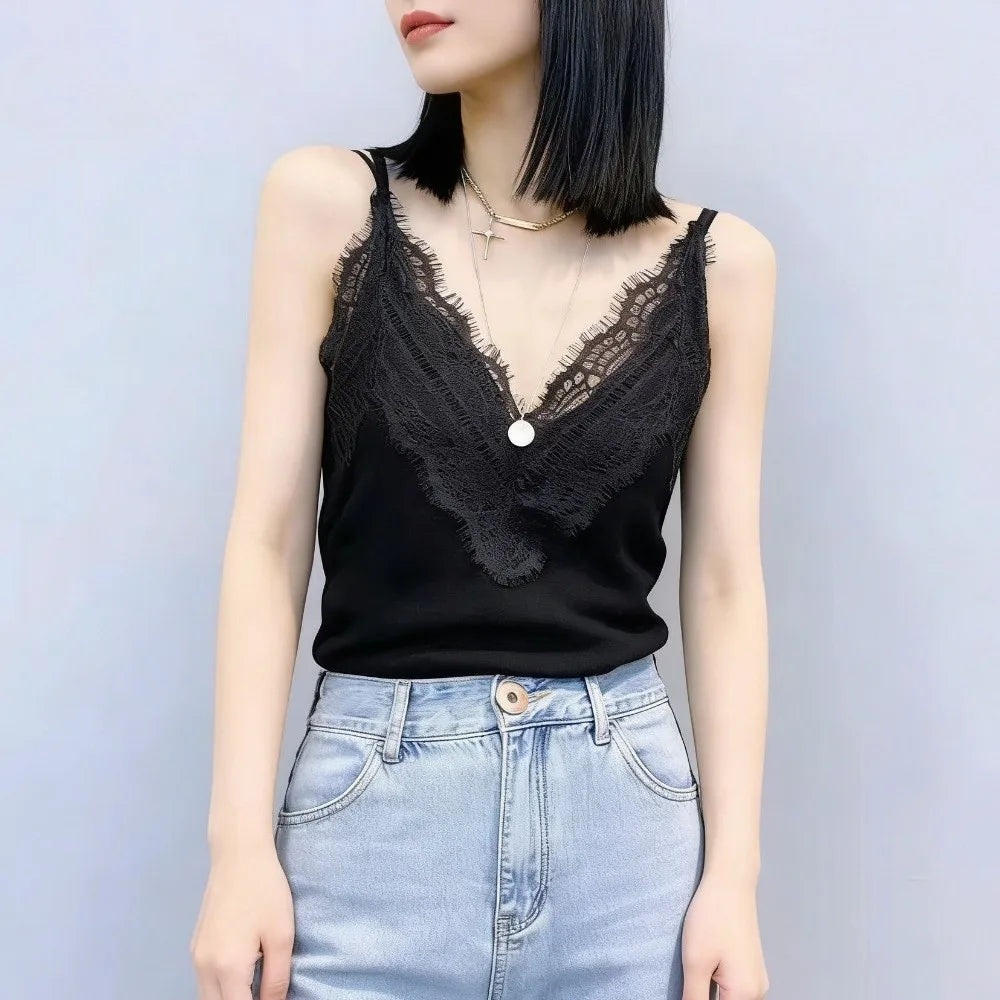 Women's Lace V-Neck Sleeveless Tank Top – Casual Summer Vest