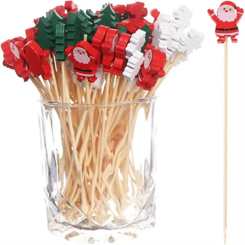 50 Christmas Fruit Sticks Per Set Disposable Bamboo Sticks Snowflake Christmas Trees Santa Claus Fruit Sticks Peaceful Pleasures Health and Wellness