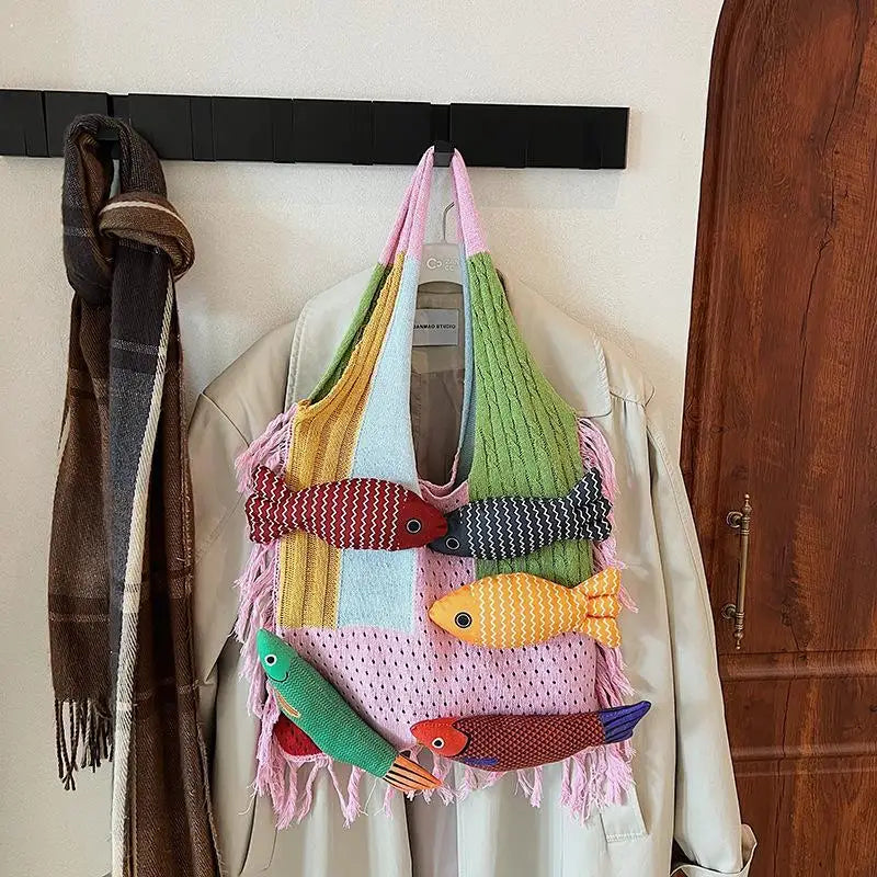 Fish Tassel Knitted Shoulder Bag – Casual Tote for Women & Girls