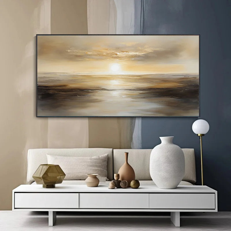 1pc Large Frameless Modern Abstract Canvas Art Sunset Wall Painting, Vibrant Blue & Golden Design, Living Room Decor Sunset Art Peaceful Pleasures Health and Wellness