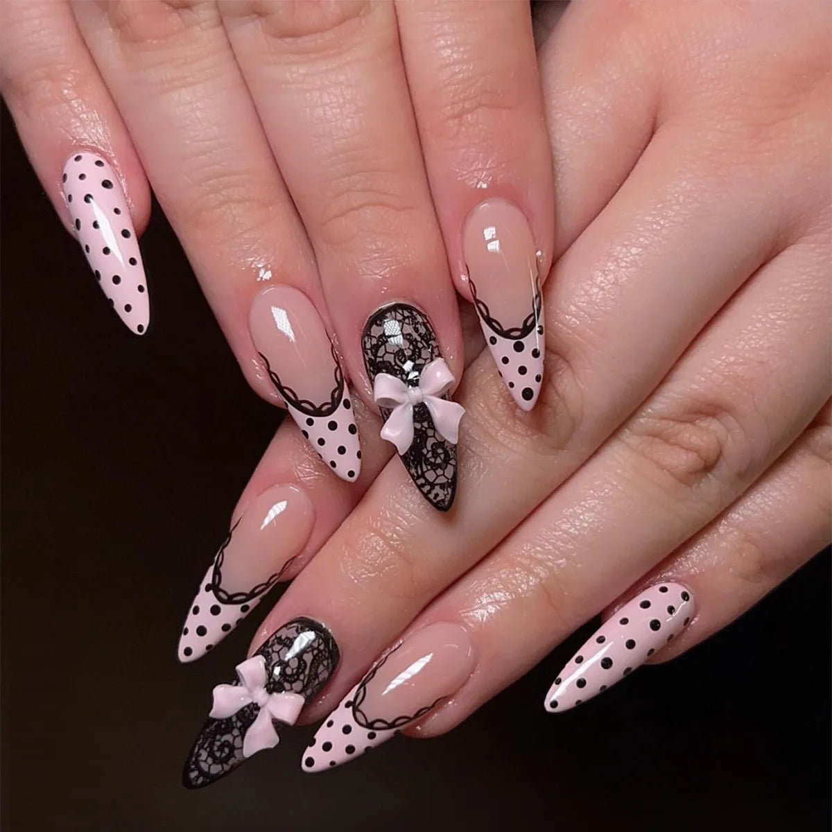 24pcs Sweet Y2k Style False Nails Elegant Almond Shape For Party Wedding Black Polka Dot Lace Press On Nails French Manicure Kit Peaceful Pleasures Health and Wellness