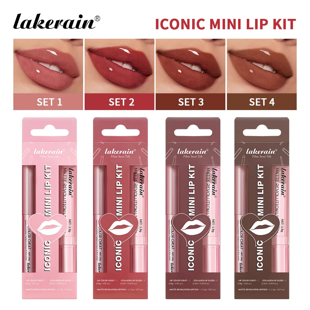 3pcs Lip Makeup Set Lip Liner Lip Gloss Lipstick Mirror Effect Beep Lips High Color Long-lasting Hydrates Travel Mini Set Peaceful Pleasures Health and Wellness