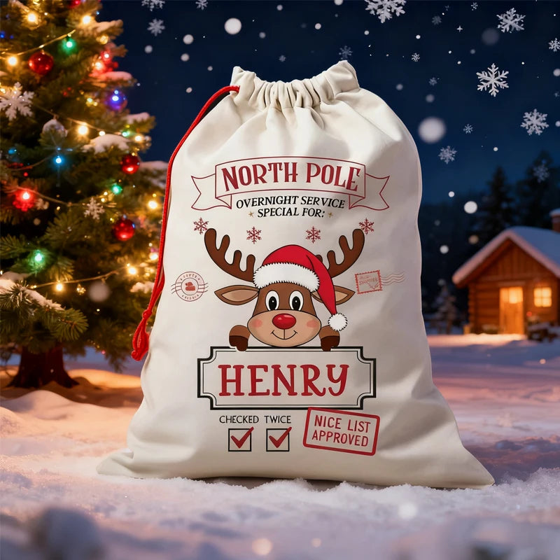 Personalized Reindeer Christmas Gift Bag | Custom Kids Xmas Bag Christmas Gift Bag Peaceful Pleasures Health and Wellness