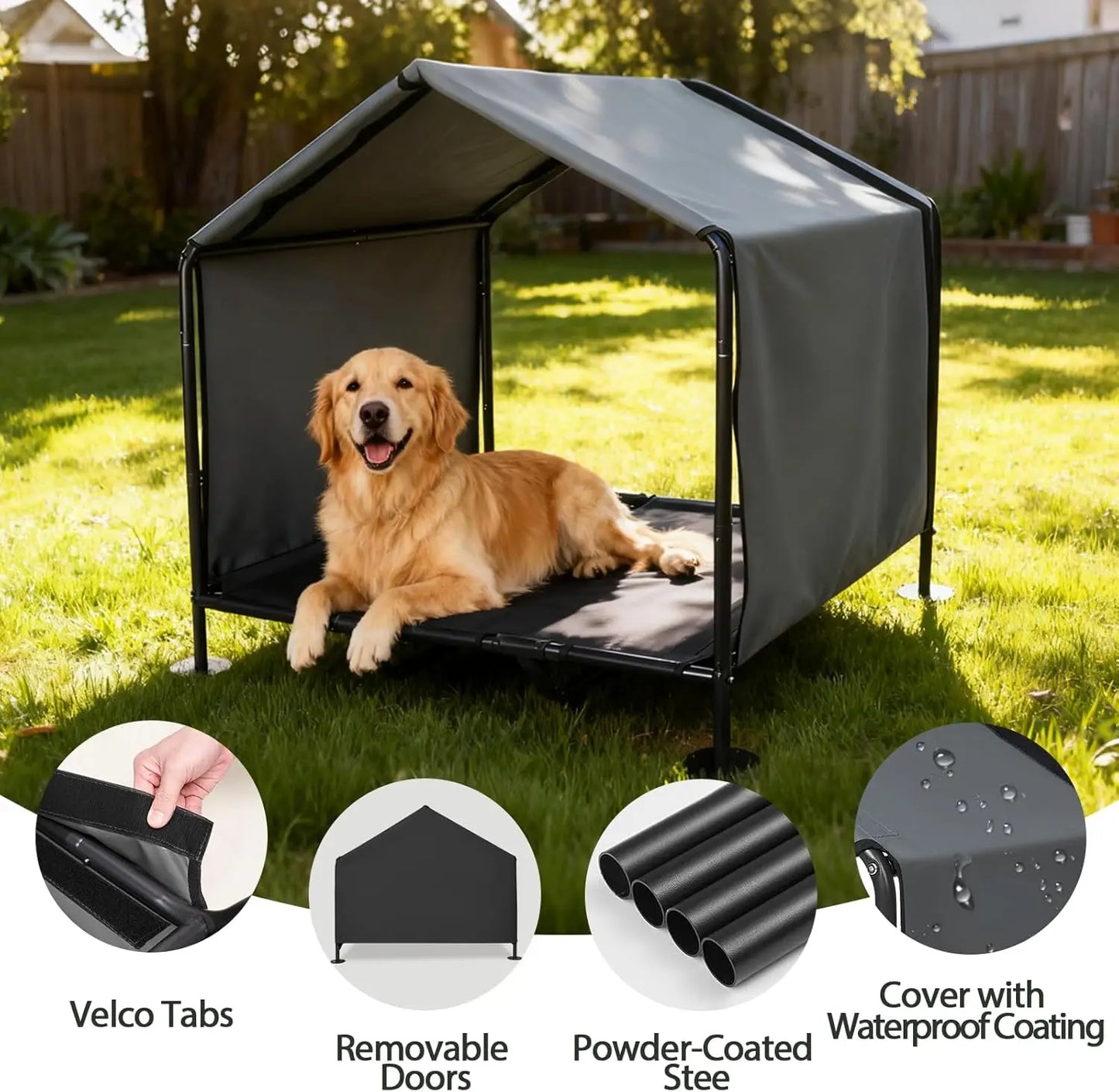 Dog lying in a portable dog house with features highlighted on a grassy background
