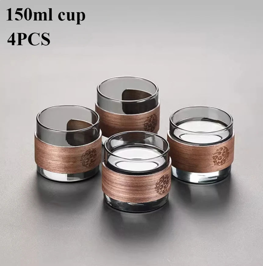 Thickened Glass Tea Cup with Wooden Ring Heat-resistant and Heat-resistant Water Cup Master Cup Household Glass Cup Coffee Cup Peaceful Pleasures Health and Wellness 4pcs 150ml 301-400ml
