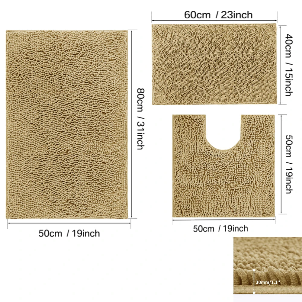 3Pc Sets Bath Mats Non Slip Memory Foam Bathroom Soft Rugs Water Absorption Dry Fast Bath Mat Machine Washable For Home Floor Peaceful Pleasures Health and Wellness 30mm Chenille Beige 3pcs set