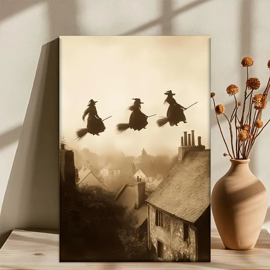 Retro Witch Flying Over Village Canvas Art Print | Unframed Wall Art Canvas Art Print Peaceful Pleasures Health and Wellness