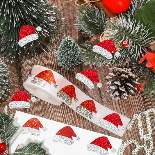 Santa Hat Stickers Roll Self-adhesive Laser Glitter Christmas Peaceful Pleasures Health and Wellness