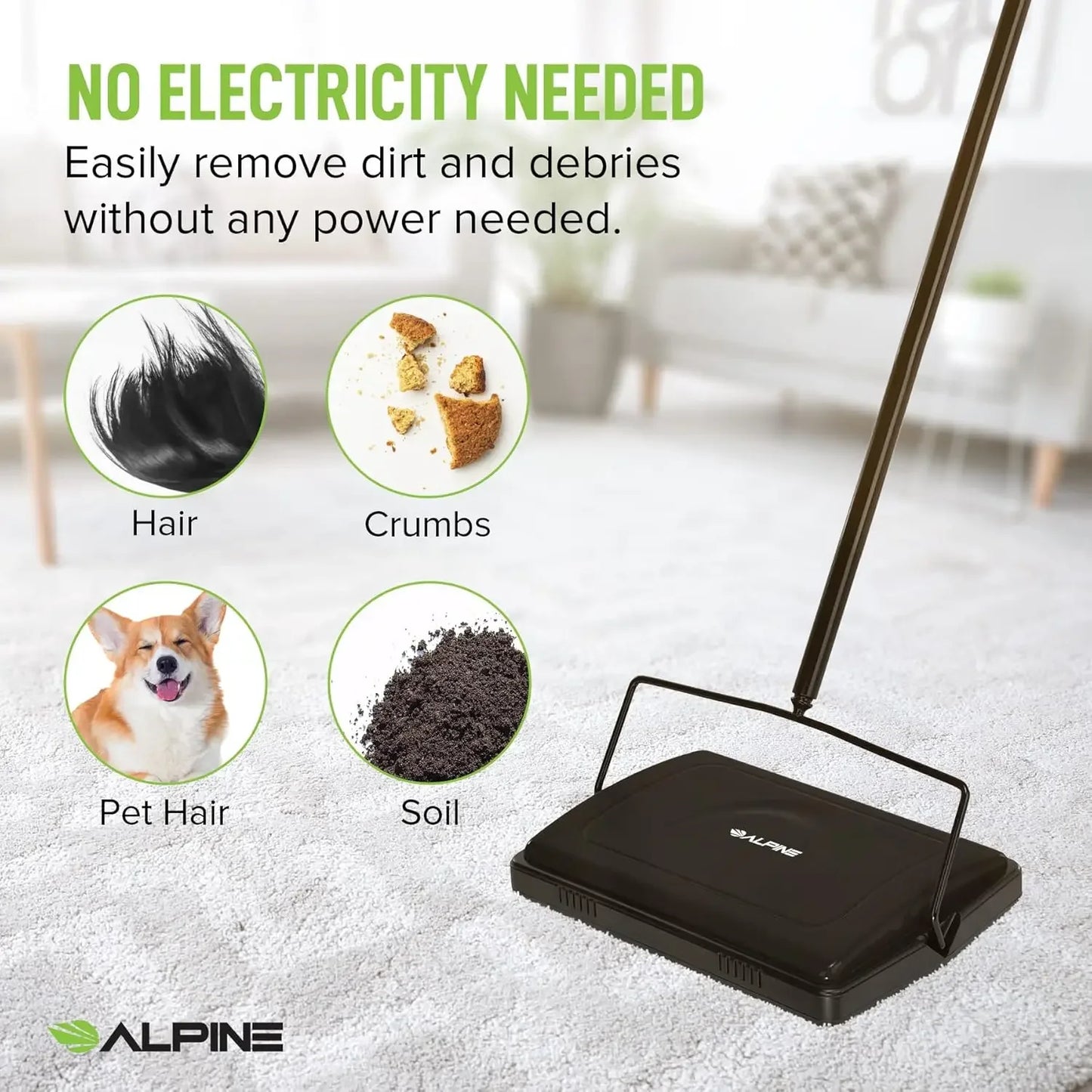 Cordless Manual Carpet Sweeper with Triple Brush for Multi-Surface Floors - Easy Cleaning on Hardwood and Carpets Peaceful Pleasures Health and Wellness