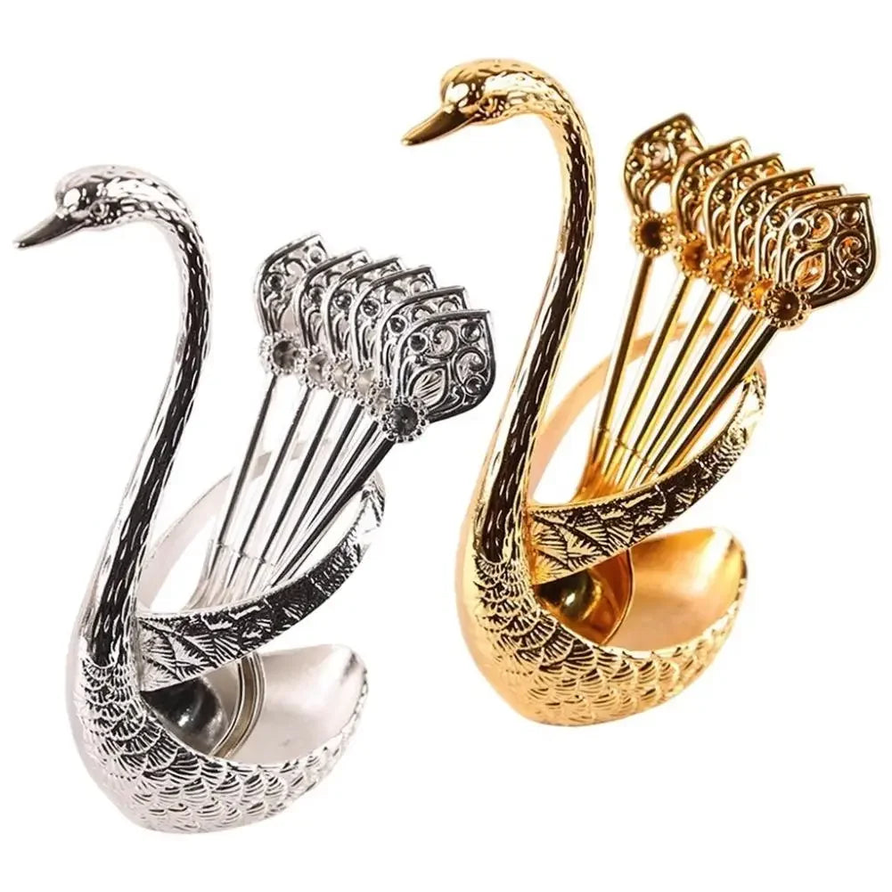 Stainless Steel Creative Dinnerware Set Decorative Swan Base Holder With 6 Spoons For Coffee Tea Cake Dessert Kitchen Supplies Peaceful Pleasures Health and Wellness