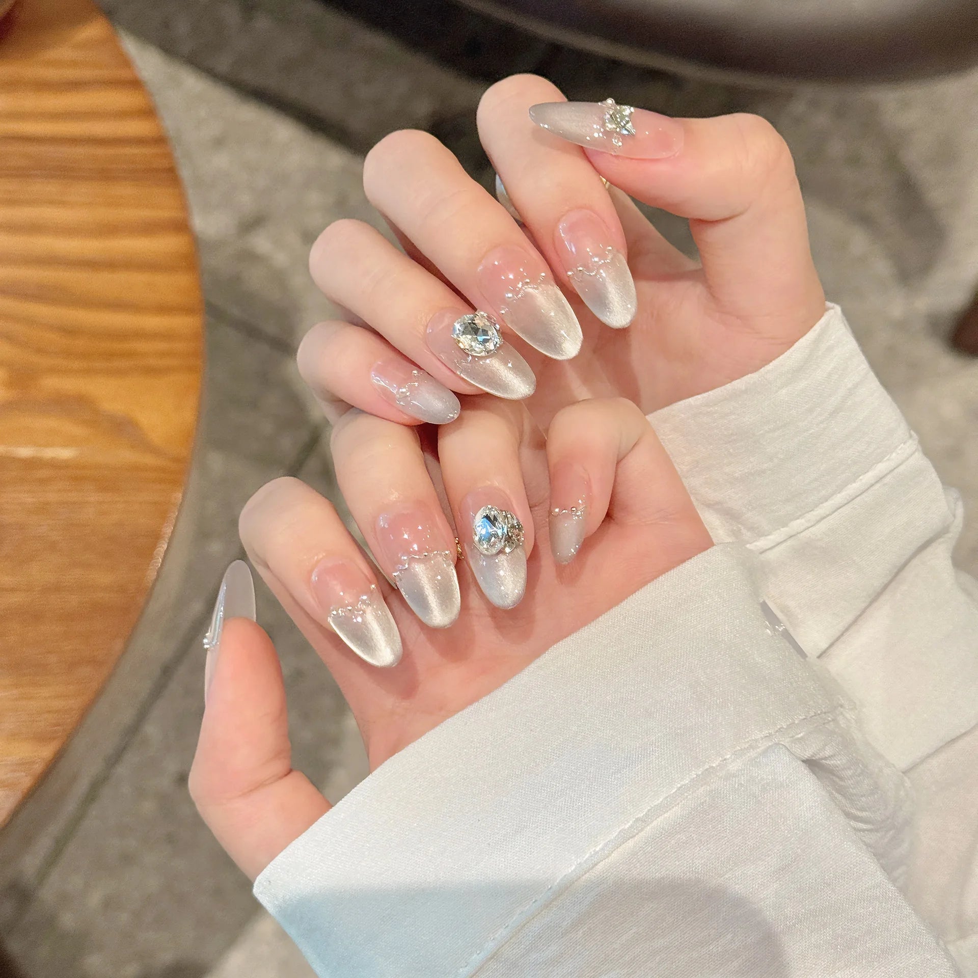 Handmade Press on Nails Aurora Blue French Pearl Crystal Fake Nails Wearable Full Cover Almond Sweet Pink Blush False Nails Peaceful Pleasures Health and Wellness