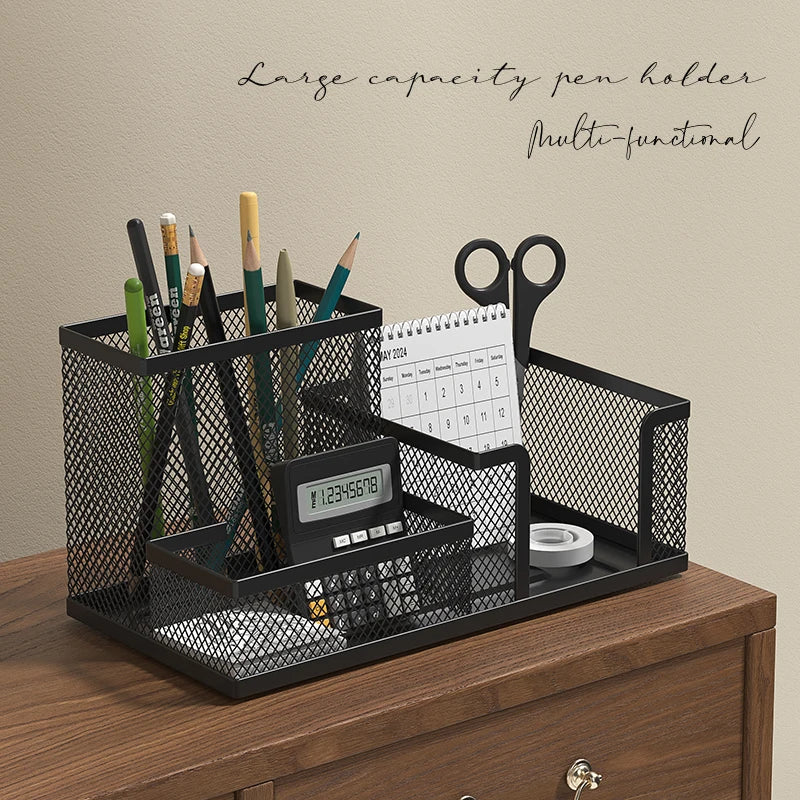 Black Mesh Desk Organizer – 3-Compartment Caddy & Pen Holder