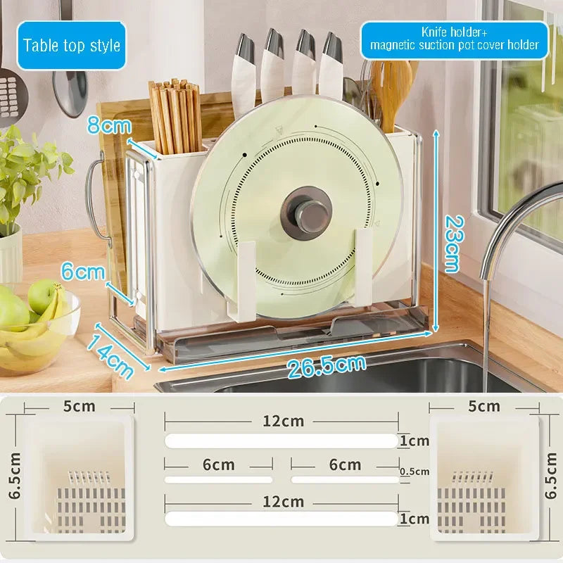 Simple Chopsticks Cutlery Bucket Knives Rack Pot Lid Cutting Board Storage Shelf Kitchen Multifunctional Rack With Drainage Tray Peaceful Pleasures Health and Wellness style 3