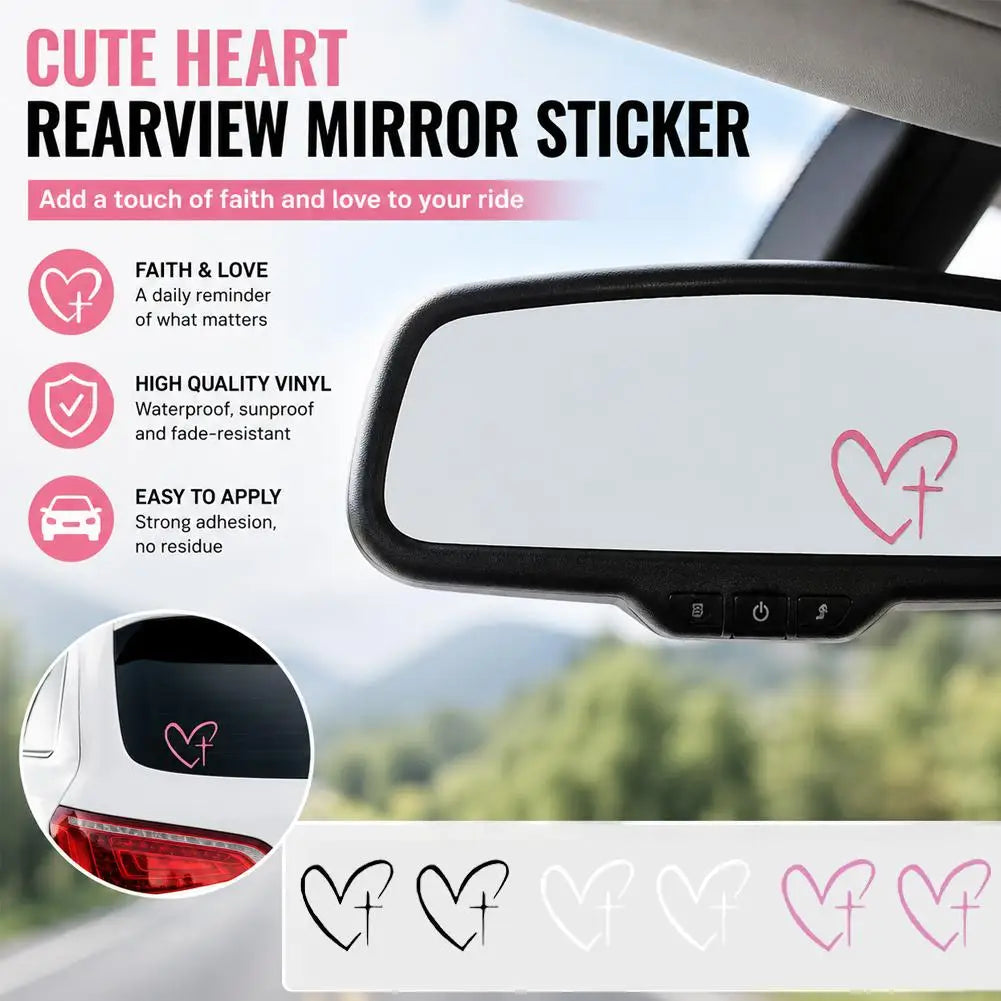Heart Cross Car Mirror Stickers – Waterproof Religious Vinyl Decal