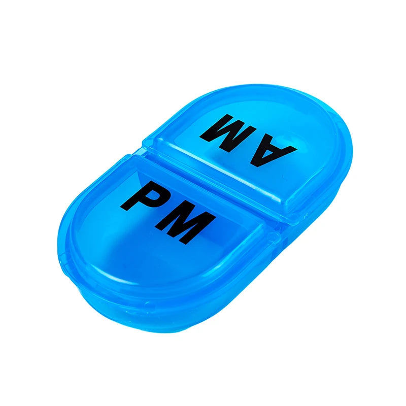 2 Grids Waterproof Pill Organizer Portable Oval Pill Box Pill Container Daily AM&PM Containers Peaceful Pleasures Health and Wellness Blue