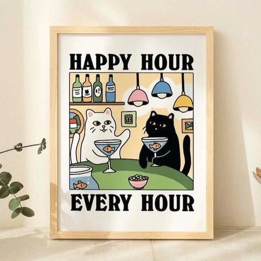 Happy Hour Cartoon Cat Canvas Wall Art Print | Home & Kids Decor Canvas Wall Art Peaceful Pleasures Health and Wellness