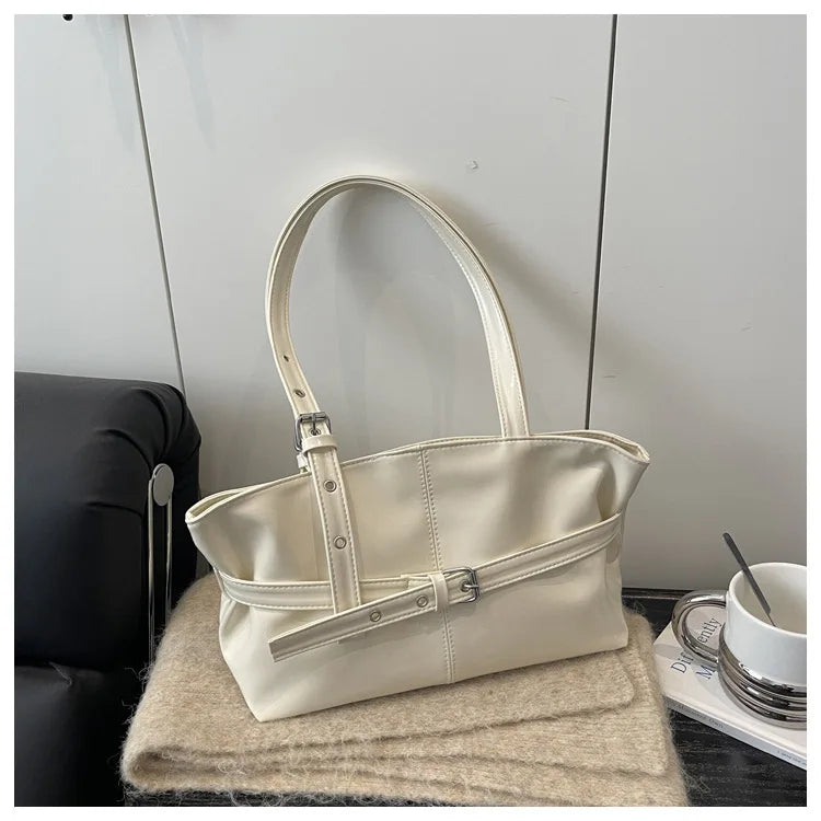 New Korean Style High End Commuting Shoulder Bag Large Capacity Niche Handbag Fashionable All Match Tote Versatile Commuting Bag Peaceful Pleasures Health and Wellness WHITE
