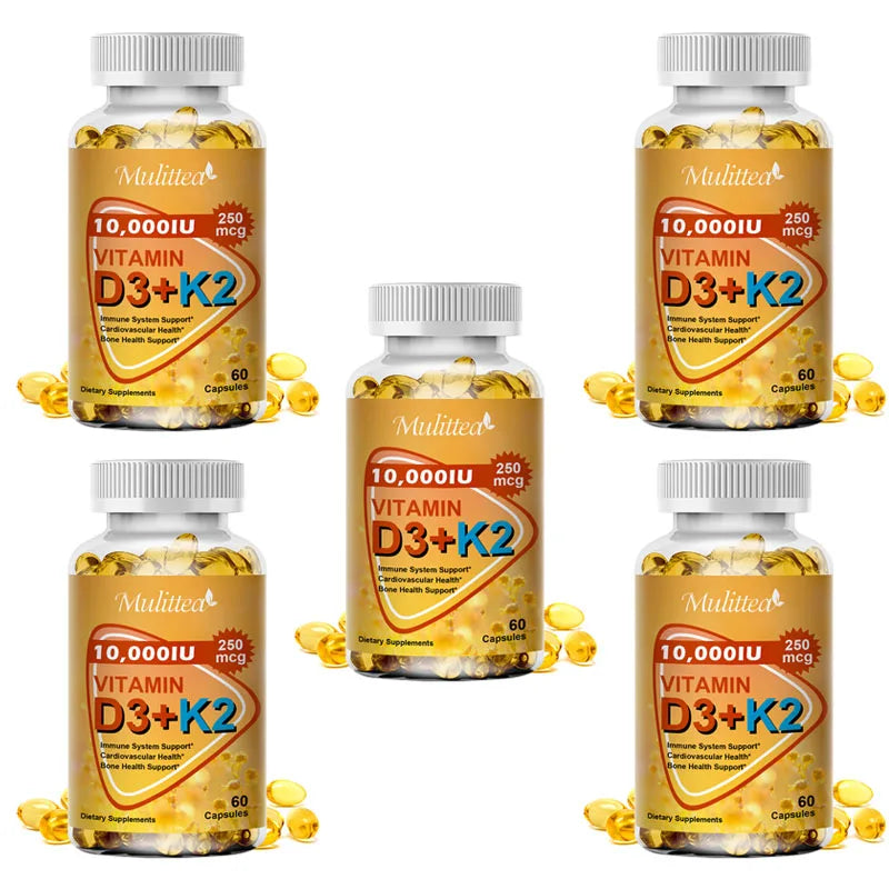 Vitamin D3 + K2 (MK-7) Capsules – Bone, Heart, Teeth & Immunity | 60 Count Peaceful Pleasures Health and Wellness 60pcs 5bottles United States