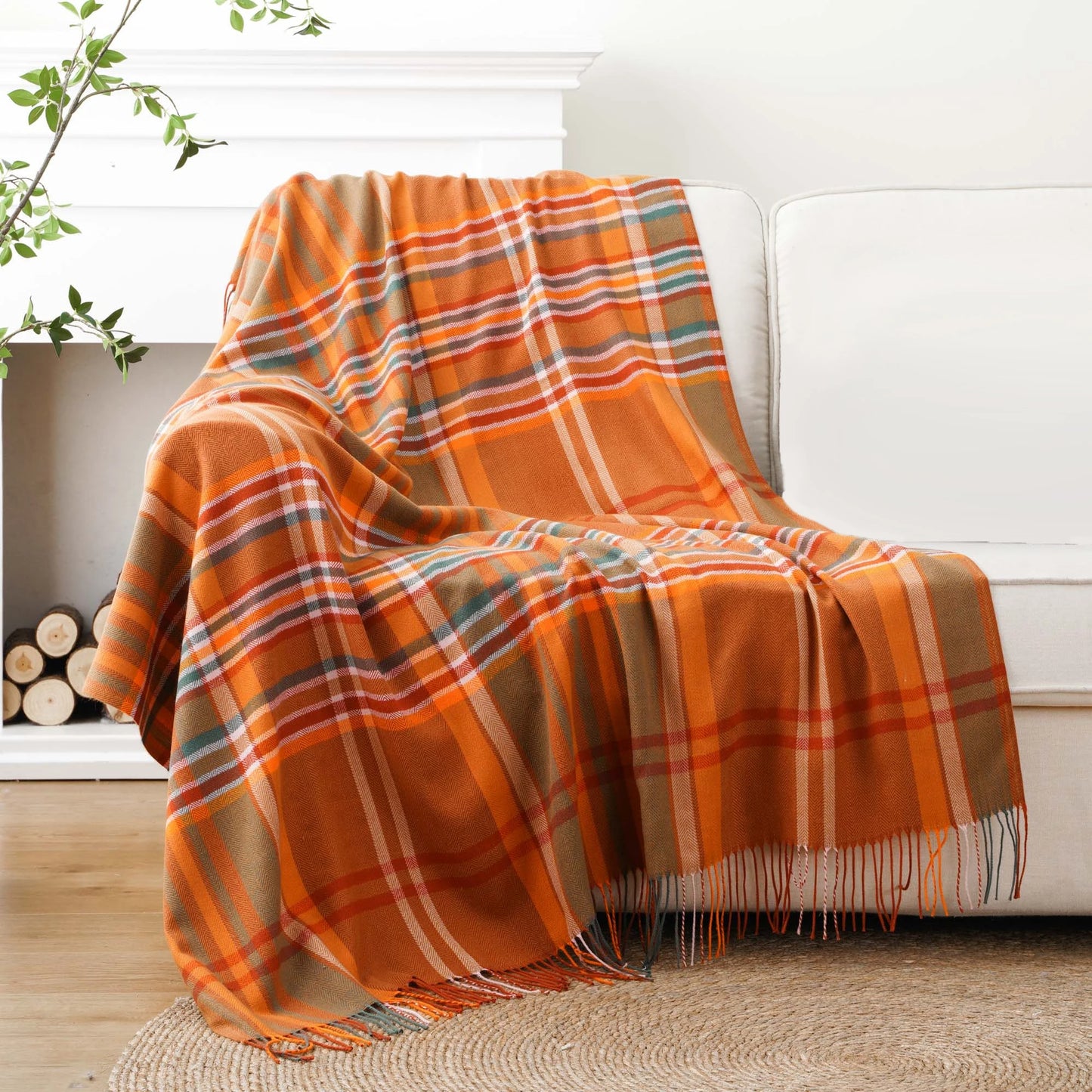 Battilo Plaid Knit Throw Blanket | Beige Tassel Sofa Blanket