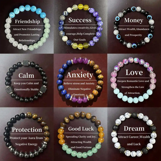 Stone Beads Bracelet Amethyst Tiger Eye Crystal Quartz Agate Gem Beads Bangles Women Reiki Healling Jewelry Gift Mens Bracelet Peaceful Pleasures Health and Wellness 18cm random 9pcs