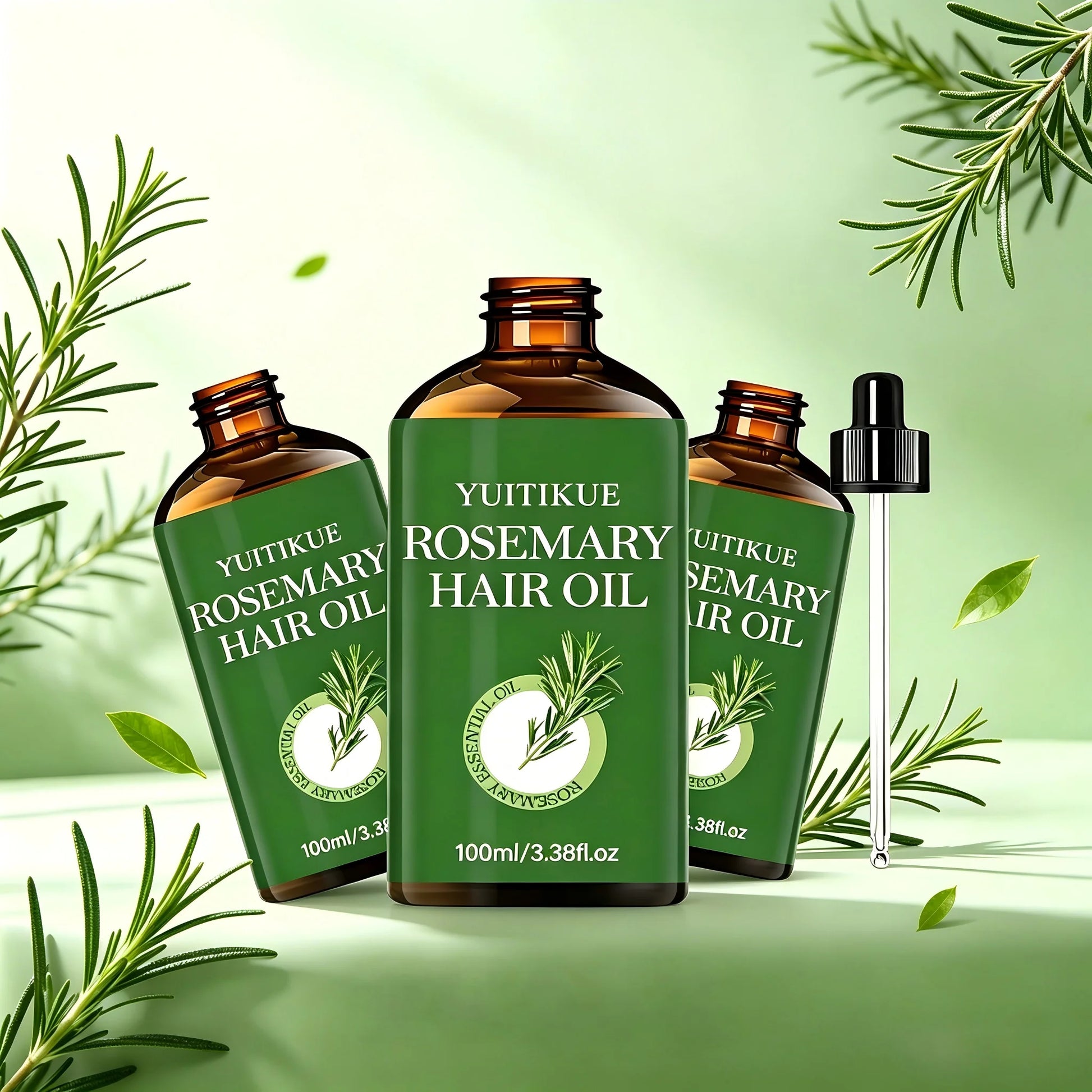 YUITIKUE Rosemary Hair Oil 100ml Natural Essential Oil for Hair Growth Strengthening & Scalp Care Peaceful Pleasures Health and Wellness 3pc