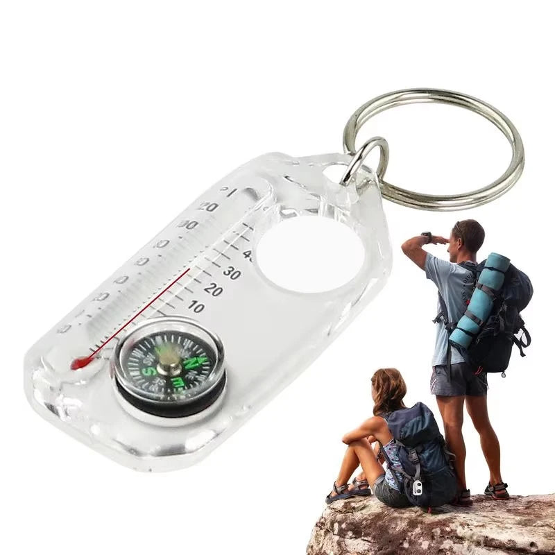1 Keychain Compass Portable Mini Outdoor Thermometer Magnifying Glass