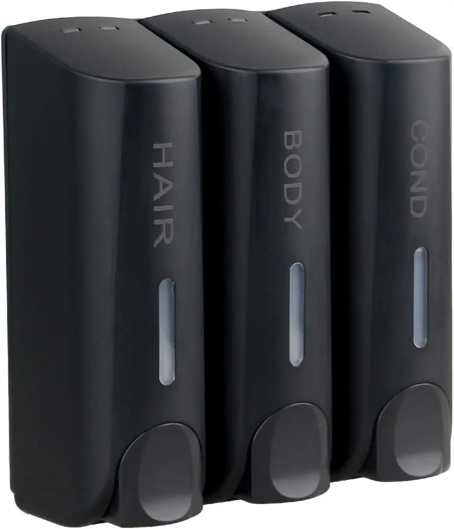 Bathroom Automatic soap dispenser Trio Wall Mounted Shampoo and Conditioner Dispenser, Conditioner Body Wash Dispenser Set Peaceful Pleasures Health and Wellness black three
