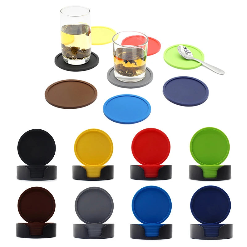 6-Piece Non-Slip Silicone Coaster Set with Holder – Round Cup Mats for Home & Kitchen