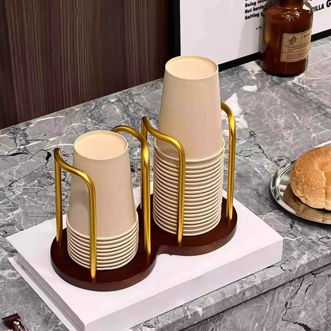 Coffee Cup Dispenser Rack Wood Base & Lid Organizer