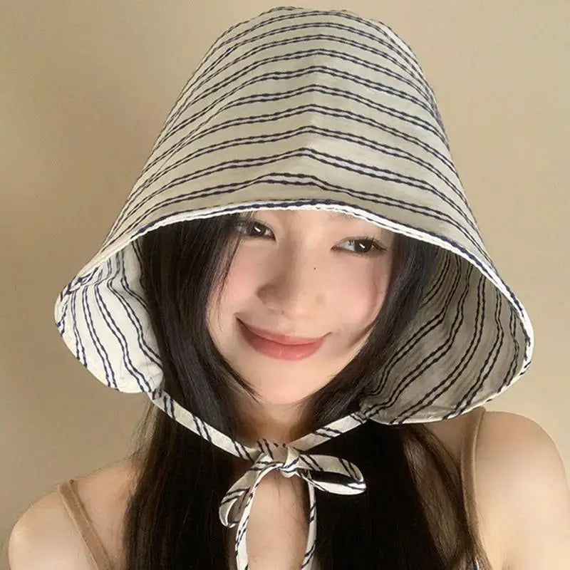 Women's Wide Brim Striped Bucket Hat – Foldable Sun Cap