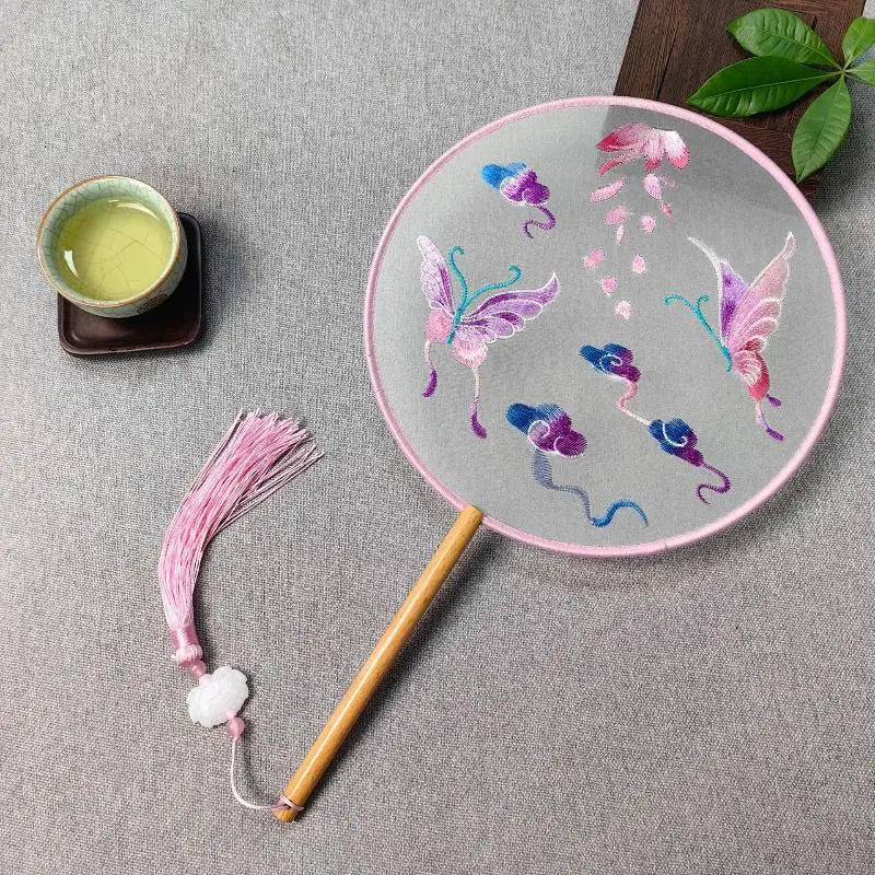 Su Embroidery Silk Round Hand Fan – Wooden Handle & Tassel